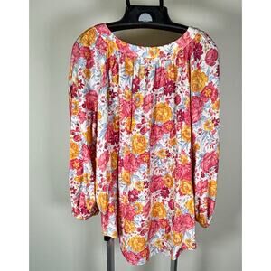 Lauren Conrad Floral Pink Orange Top Blouse V-Neck Balloon Sleeve Women's Sz M